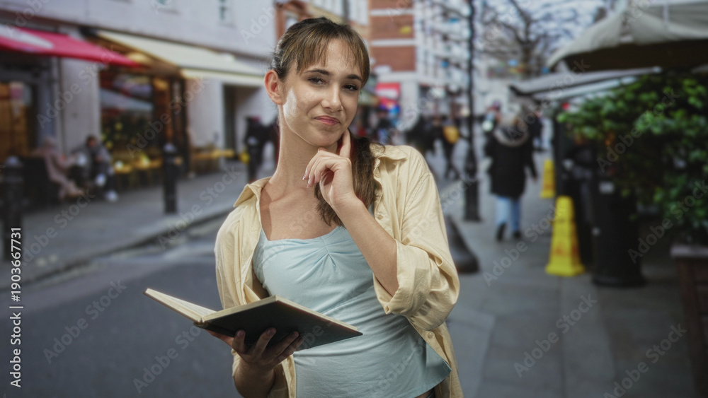 Fototapeta premium Woman holding open book with right hand and finger heart gesture near face on street; playful curiosity.