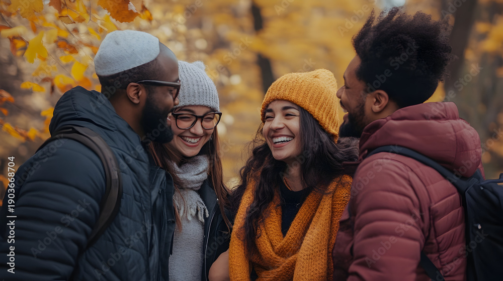 Fototapeta premium Diverse friends laughing together in autumn