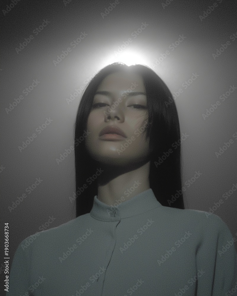 Fototapeta premium A dreamy portrait shows a woman softly backlit with a glowing halo effect, creating an ethereal, serene, and cinematic studio mood.
