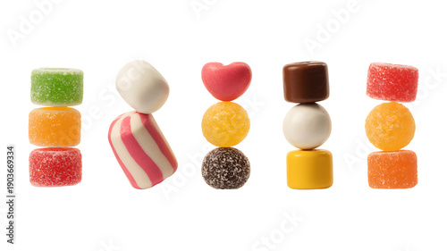 Colorful assorted candies in minimal flat lay arrangement on transparent  background gummy chocolate