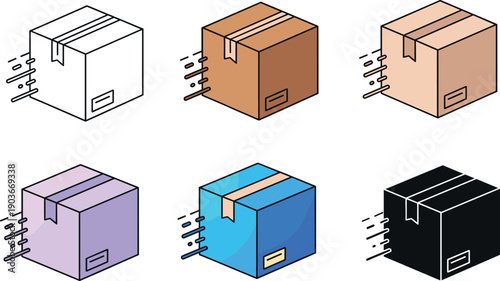 Set of six closed cardboard box icons with speed lines in various colors for fast shipping delivery logistics e-commerce packaging and express courier service design