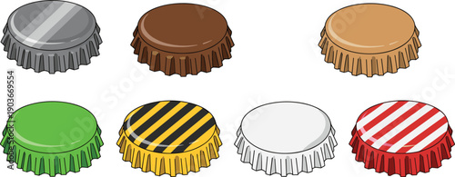 bottlecap,caps,metal,crown,beer,soda,beverage,drink,packaging,lid,seal,recycling,colorful,round,collection,vector,illustration,icon,design,isolated