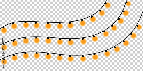 Waving String of Orange Christmas Lights for festive decoration on a transparent background.
