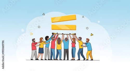 Diverse group of people working together to hold up two large yellow objects in a collaborative team effort on a blue background gender equality