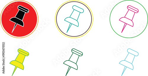 Six colorful outline of push pins in circles on a white background pushpin thumbtack