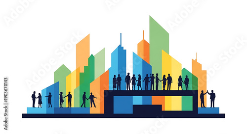 A vibrant cityscape with people standing on buildings and steps in a colorful urban environment with skyscrapers and towers gender equality