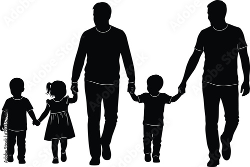 Large black silhouette of a happy family with two fathers and three children walking and holding hands isolated on white background for lifestyle design.
