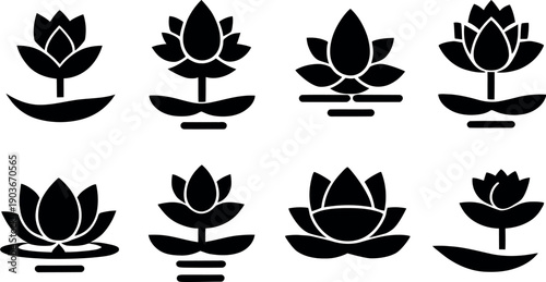 Set of vector icons featuring pink lotus flower illustrations and green leaf design elements for a natural spring plant logo or floral pattern decoration