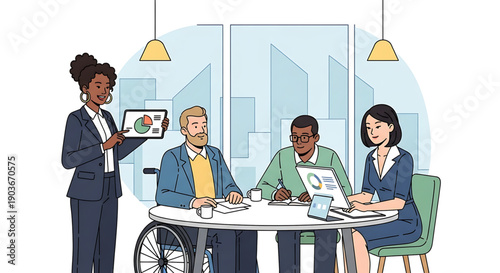 Diverse group of business professionals collaborating in a modern office setting with a woman standing and holding a tablet gender equality