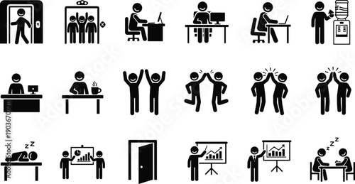 office,work,employee,business,workflow,job,career,corporate,team,meeting,desk,computer,productivity,activity,silhouette,icon,vector,black,white,collection