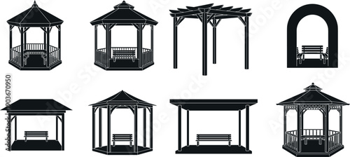 Black silhouette set of garden gazebos, pergolas, park pavilions, covered benches, outdoor canopies and wooden shelter structures isolated on white background