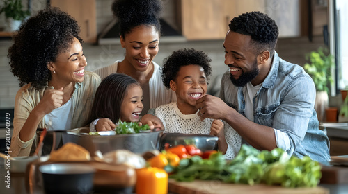 Happy family cooking together in modern kitchen with fresh vegetables