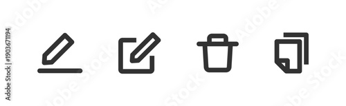 Edit, copy, delete, paste icon set. Document buttons. Write symbol. Editable stroke.