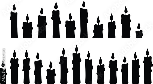 WebVector illustration of candle silhouettes in artistic black design, showcasing lit wax candles with dripping patterns, decorative concept for lighting, celebration