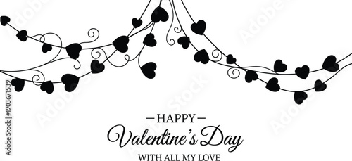 A beautiful valentine's day card with hearts and floral designs in black and white.