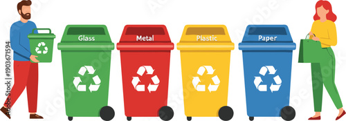 People sorting waste into recycling bins illustration featuring glass, metal, plastic, and paper for eco friendly sustainability concepts