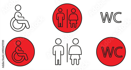 Vector illustration of male and female WC (toilet, bathroom) icons. EPS 10 on a white background, vector illustration. 