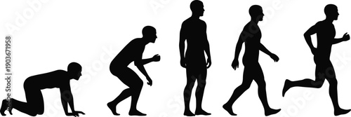 Vector, black, silhouette, illustration, showing, the, evolution, of, human, movement, from, crawling, to, standing, walking, and, running, for, fitness, sports, and, lifestyle, design