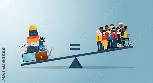 Diverse group of people with different abilities on a seesaw balancing with construction tools and equipment on the other side gender equality