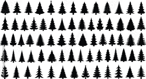 Large collection of black pine tree silhouettes featuring various evergreen forest fir and spruce shapes isolated on white background for winter nature and holiday design.