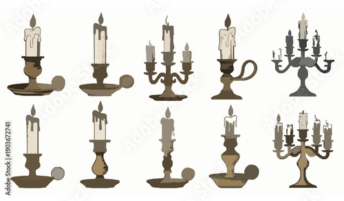 Vintage Candles and Candle Holders Vector Set – Classic Candlesticks and Candelabrum Illustrations