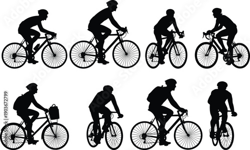 Cyclist silhouettes, people riding bicycles, commuting posture, recreational cycling, competitive biking, backpack rider, basket bicycle, outdoor lifestyle, sports activity, flavector