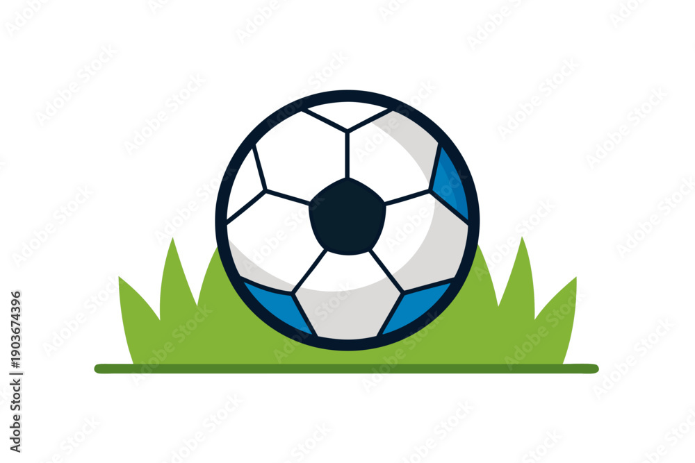 Obraz premium A colorful soccer ball sitting on green grass in a minimalist vector illustration