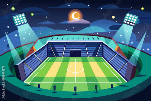 A vibrant illustration of a soccer stadium at night with floodlights shining bright