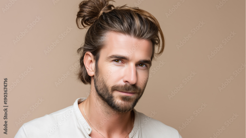 Obraz premium Handsome man with top knot hairstyle calm confident soft beige background portrait natural lighting relaxed expression