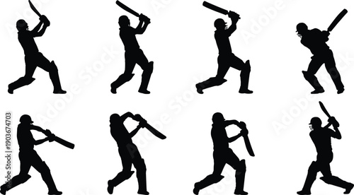 WebVector illustration of cricket player silhouettes in black design, showcasing batting poses with bats, sports competition concept for athletics, training, recreation