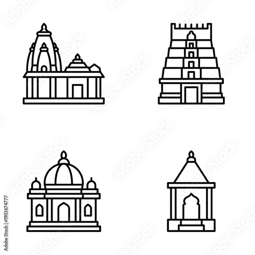 Collection of Indian temple icons, line art, isolated on transparent background