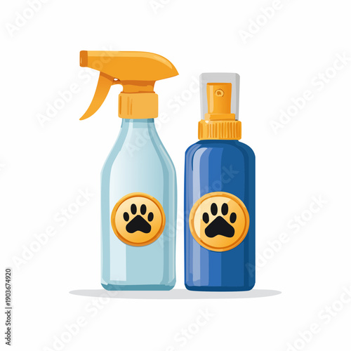 Pet grooming products: Vibrant and appealing pet grooming products against a simple backdrop, illustrating cleanliness and care.