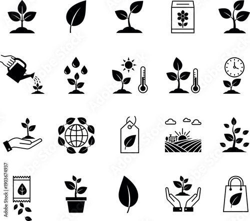 Solid plant growth and eco sustainability icon set for organic farming, environment care and green agriculture concepts