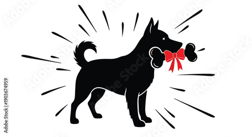 Dog silhouette carries a bone with a red bow as a festive holiday surprise.