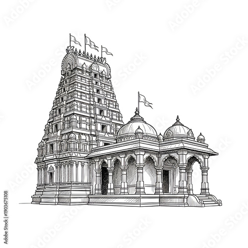 Detailed ink sketch of an ornate Indian temple complex, isolated on transparent background
