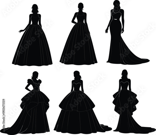 Fashion silhouette, elegant gowns, formal dresses, stylish women, evening wear, black outline, vector illustration, couture design, clothing art, flavector
