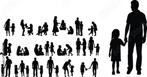 Parent child silhouettes, family bonding, walking playing, sitting talking, caregiving posture, parenting connection, outdoor lifestyle, unity love, childhood moment, flavector