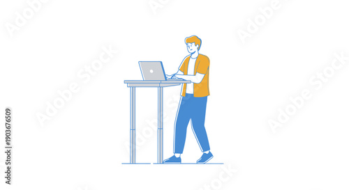 Person working on a laptop computer at a standing desk illustrating modern office ergonomics and remote work setup