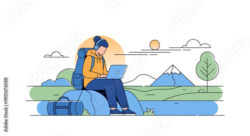 Outdoorswoman Engaged in Remote Work While Traveling With Backpack and Luggage Amidst Scenic Landscape and Mountains