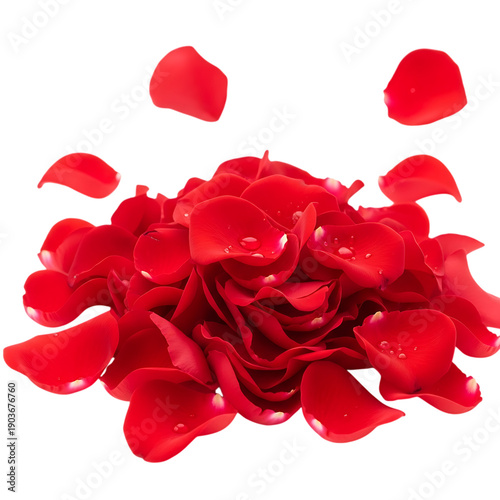 Vibrant red rose petals falling gently with dew drops