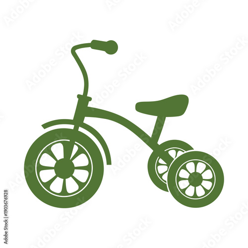 Green tricycle with three wheels and a curved handlebar children's toy bicycle