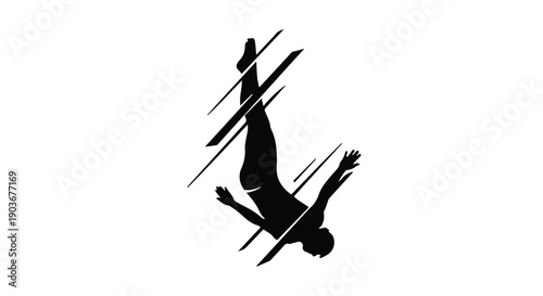 Diver silhouette leaps into motion with sharp graphic lines across the frame.