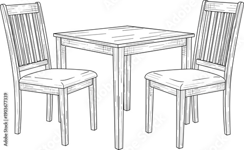 Wooden dining set, square table, two chairs, rustic furniture, slatted backrest, cushioned seat, wood grain texture, interior decor, flavector