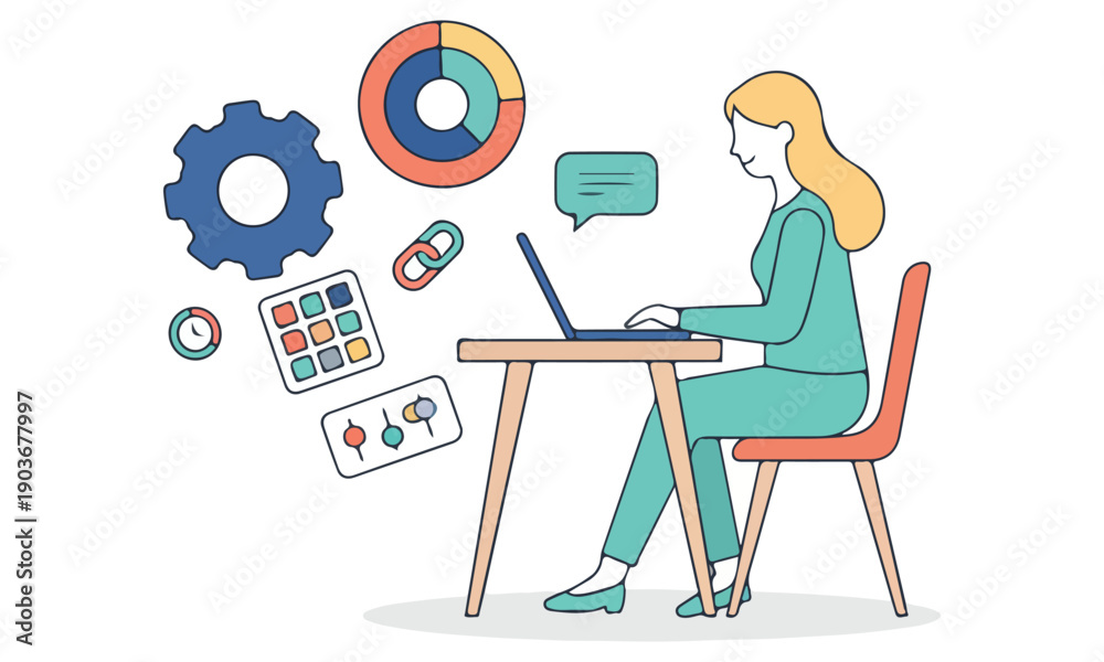 Fototapeta premium Business Meeting and Presentation Illustration Set – Teamwork, Office Discussion, Data Analysis, Marketing Strategy, and Corporate Collaboration