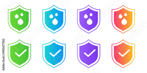 Colorful Gradient Shield Icons  Waterdrop and Checkmark Symbols Set