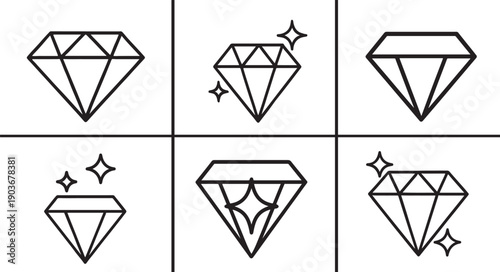 Black line diamond icon set with elegant outline gemstone symbols for luxury, jewelry, UI and web design