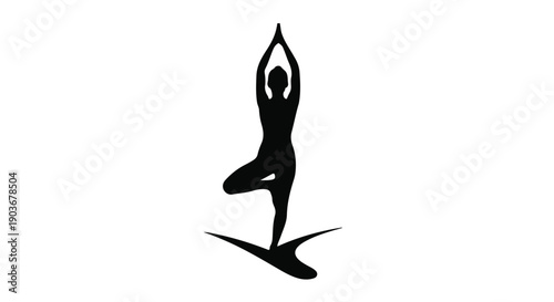 Yoga practitioner balances in a tree pose silhouette against a plain white background.