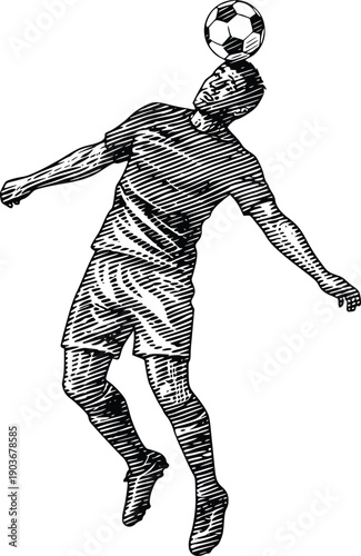 Soccer Player Heading Ball Silhouette, Football Header Action Sports Athlete Black White Vector Illustration