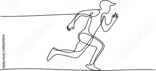 Continuous one line art of Running Athlete Motion Silhouette, Dynamic Sports Runner Action Minimal Vector Illustration