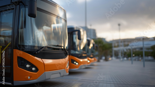 Wallpaper Mural A graphic representation of an electric bus fleet, focusing on the environmental advantages of electric vehicles and their role in reducing city pollution levels. cinematic color correction, Torontodigital.ca